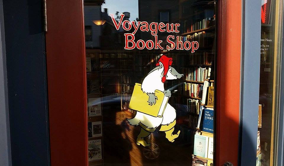 Front window of Voyageur Book shop in Milwaukee, Wisconsin